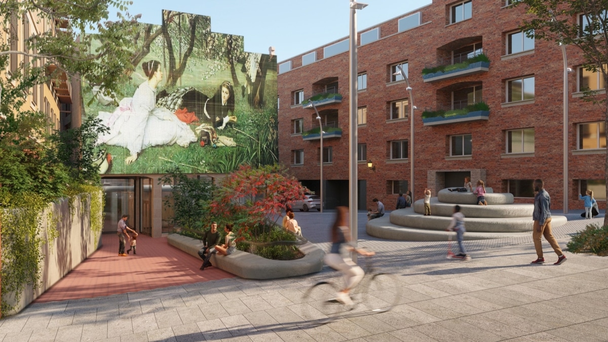 Imagen del proyecto de remodelación de la Plaza de las Letras vinculada al nuevo uso de la Serrería Belga como sede de la Colección Pérez Simón.