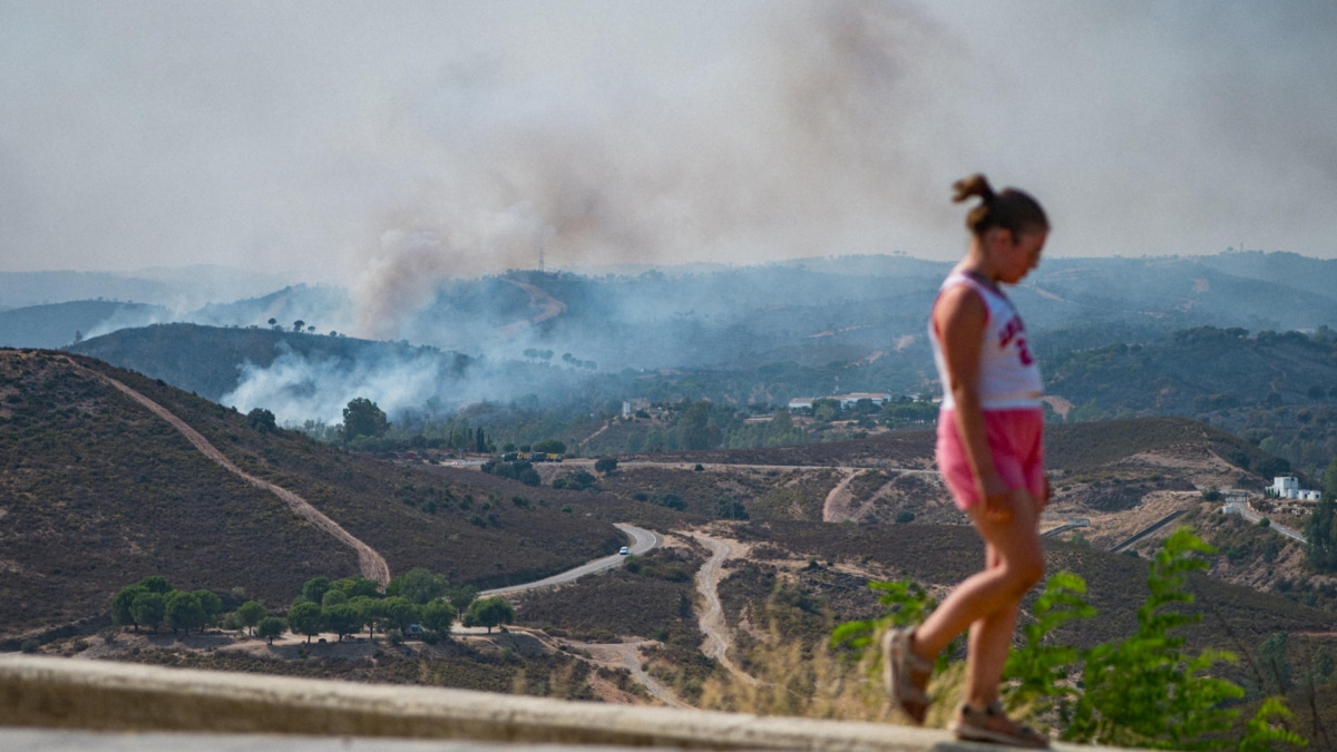 Vista desde la localidad de Aznalcollar (Sevilla), del incendio de Niebla (Huelva).