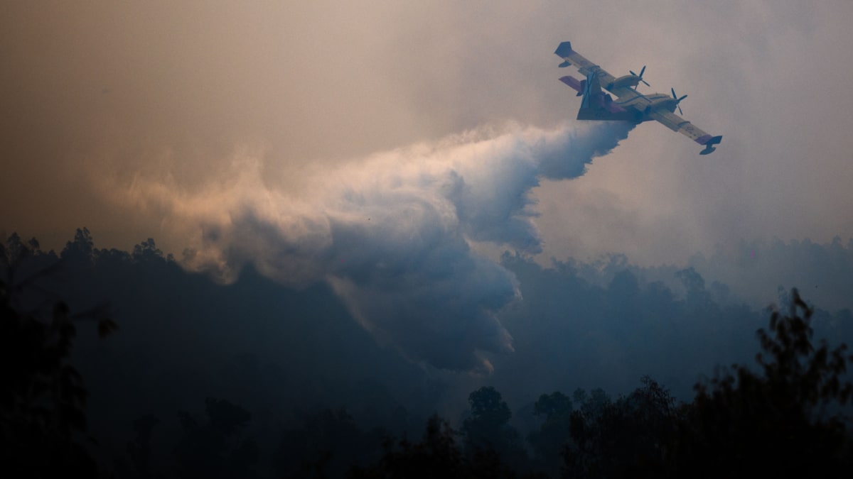 Una aeronave del Infoca combate el incendio forestal declarado en la localidad onubense de Niebla