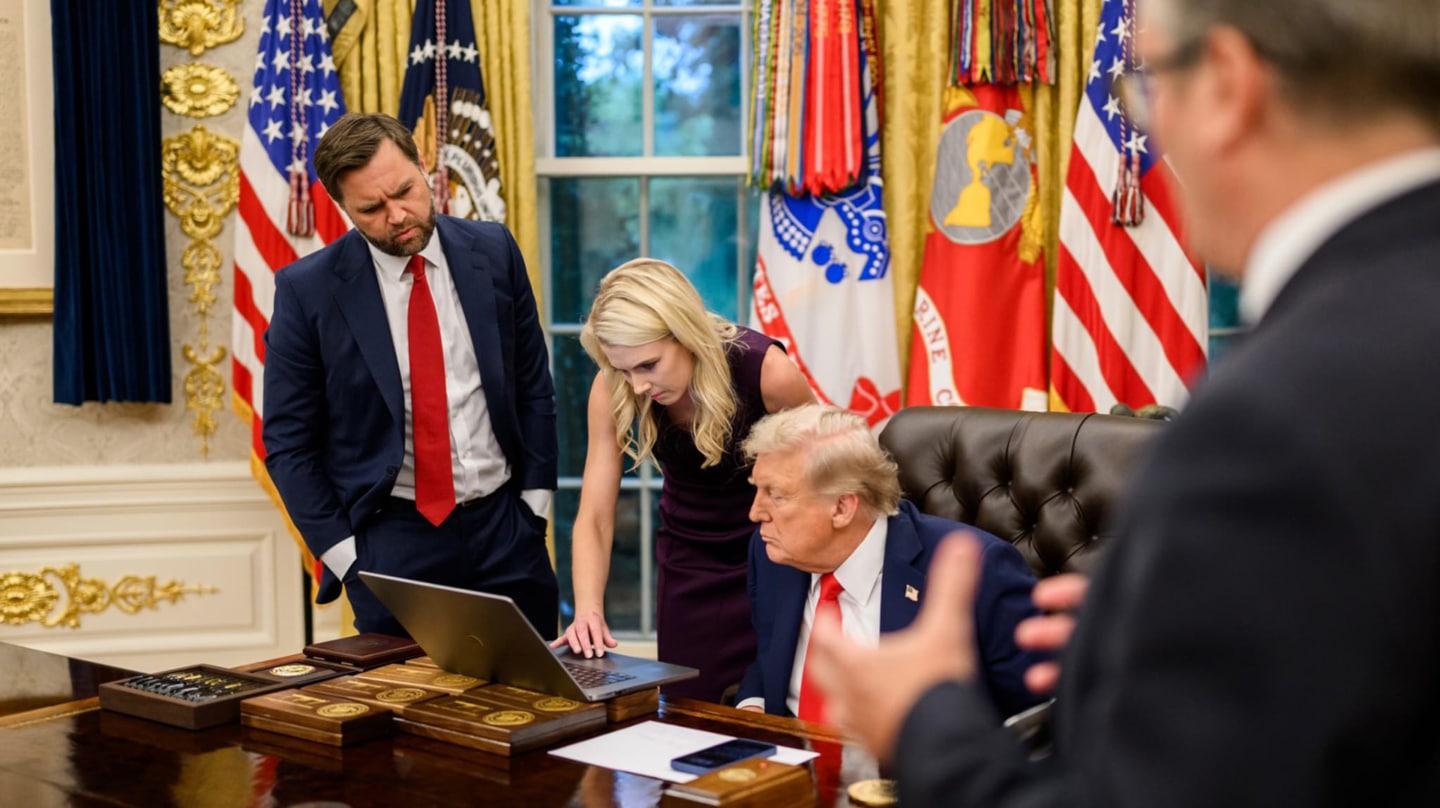 Natalie Harp, asesora de la Casa Blanca, junto a Donald Trump y J.D. Vance durante una reunión en el Despacho Oval.