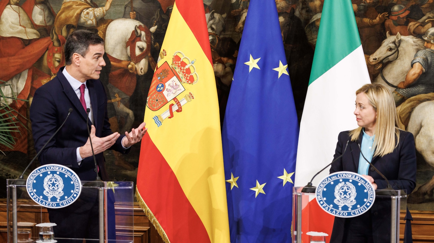 Pedro Sánchez y Giorgia Meloni en el Palacio Chigi en Roma en la primavera de 2023.