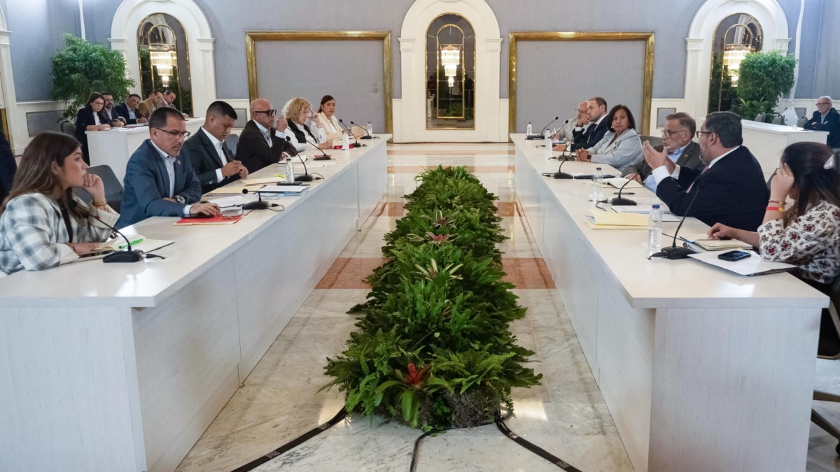 El presidente del Parlamento de Venezuela, Jorge Rodríguez (4-i), y la opositora Dinorah Figuera (4-d) asisten al primer ciclo de diálogo en Caracas.
