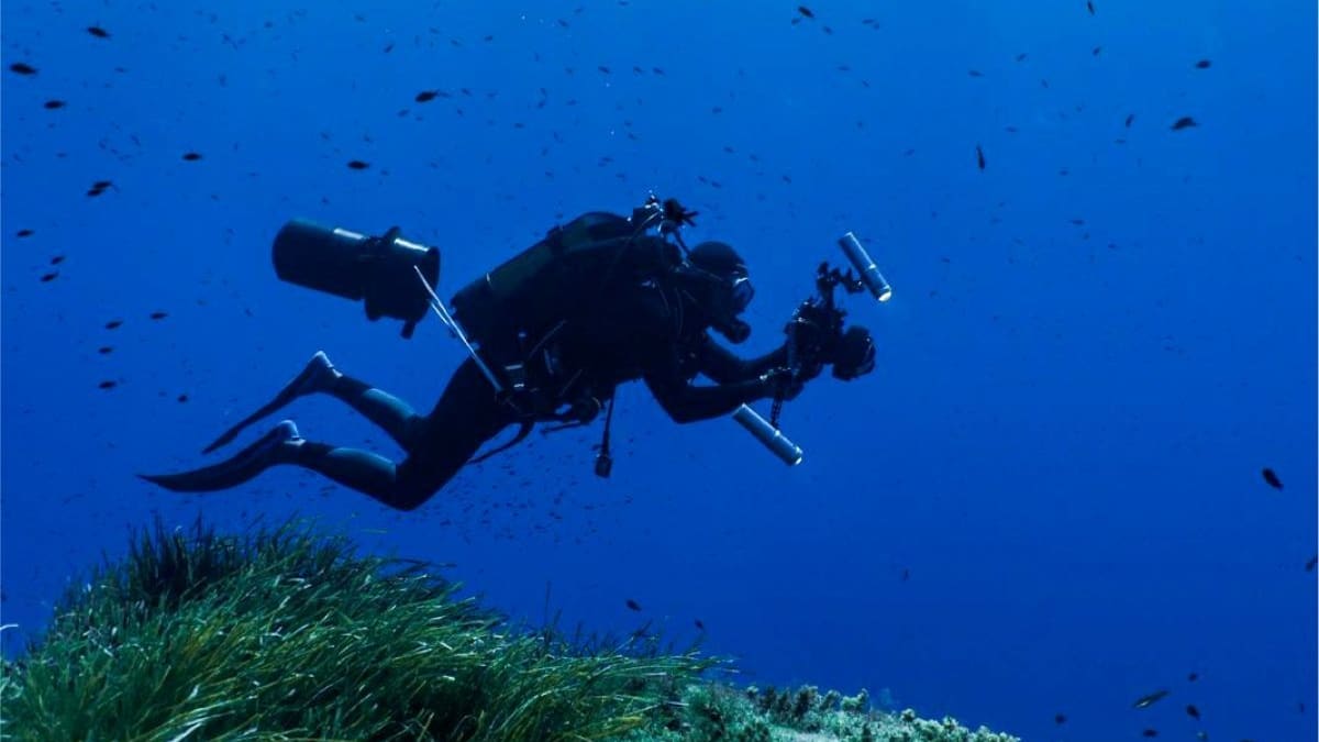 Un submarinista investigando los fondos marinos
