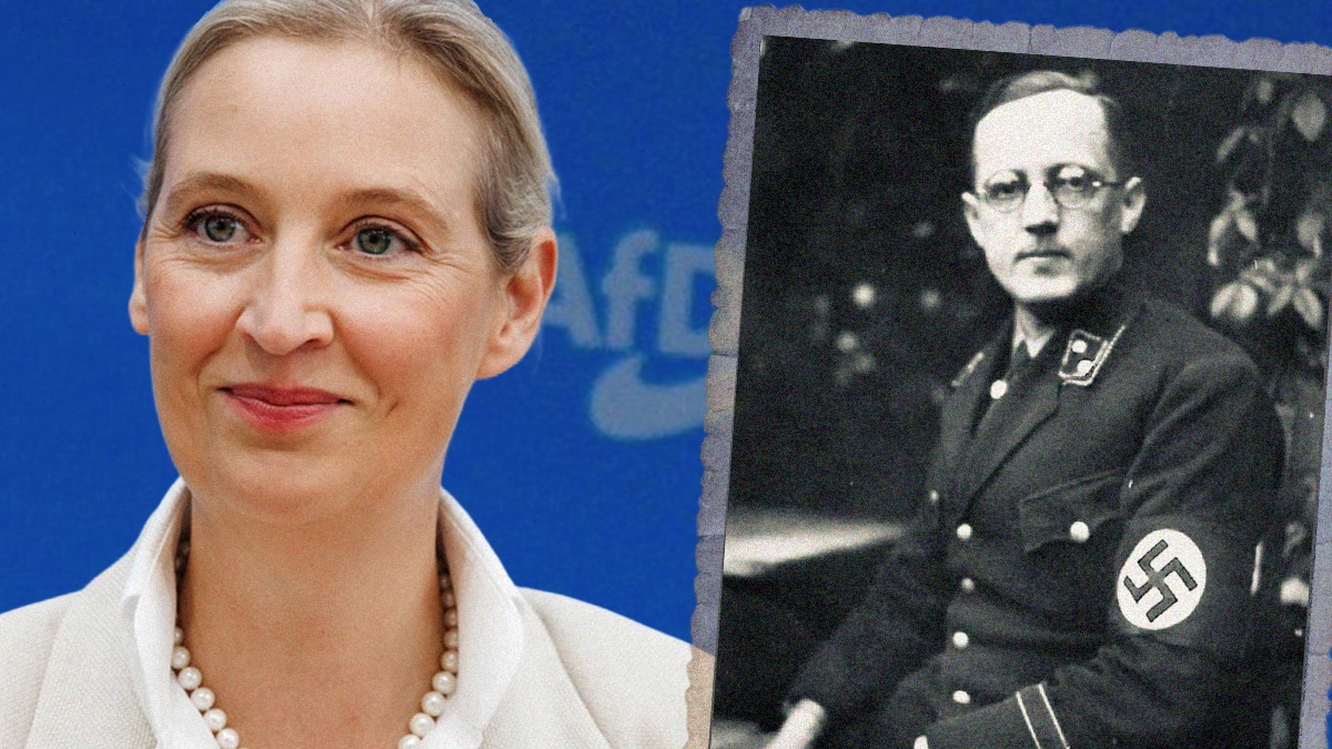 Alice Weidel, líder federal de Alternativa para Alemania, izda. Su abuelo paterno, Hans Weidel, con la esvástica.