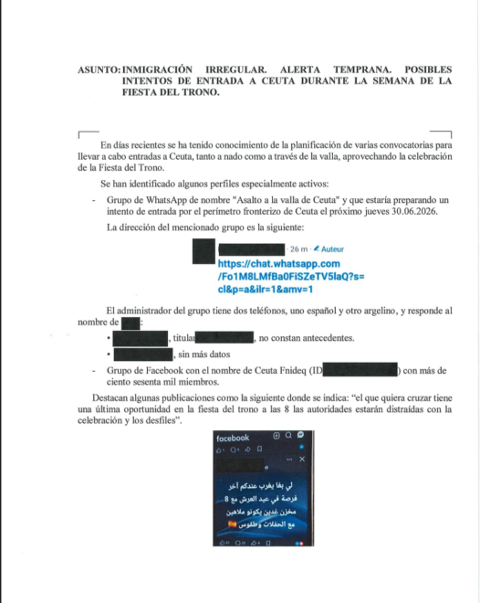 Nota urgente del CNI emitida en la tarde del 29 de julio, el día anterior a la entrada en Ceuta.
