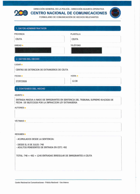 Formulario de Comunicación de Extranjería remitido a la Dirección Central de la Policía.