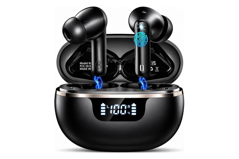 Auriculares inalámbricos Donerton W90 en negro brillante con estuche de carga y pantalla LED