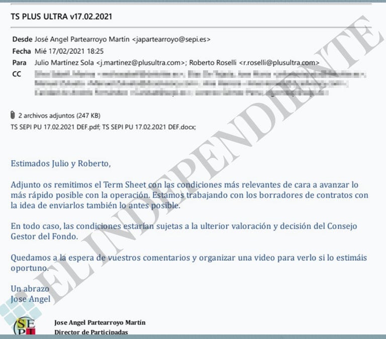 Un exdirectivo de la SEPI asesoró a Plus Ultra para el rescate: "Remito las condiciones para avanzar lo más rápido posible"