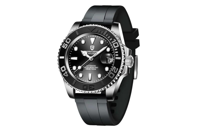 Reloj automático de hombre Pagani Design PD-1651 V3 con caja de acero de 40 mm, esfera y bisel negros y correa de goma negra