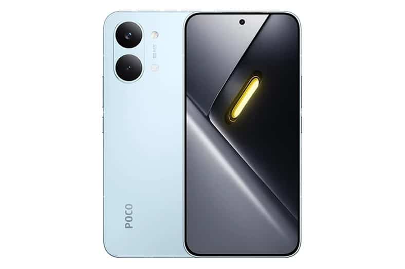 Móvil POCO X8 Pro Max en azul claro, visto por detrás con su doble cámara y por delante con la pantalla encendida