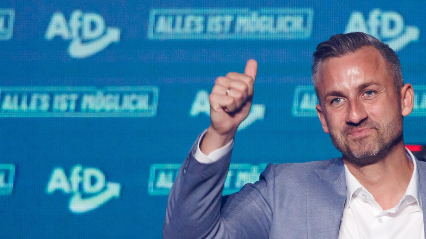 El líder de AfD en Sajonia-Anhalt, Ulrich Siegmund, en el último mitin de la campaña en Magdeburgo.