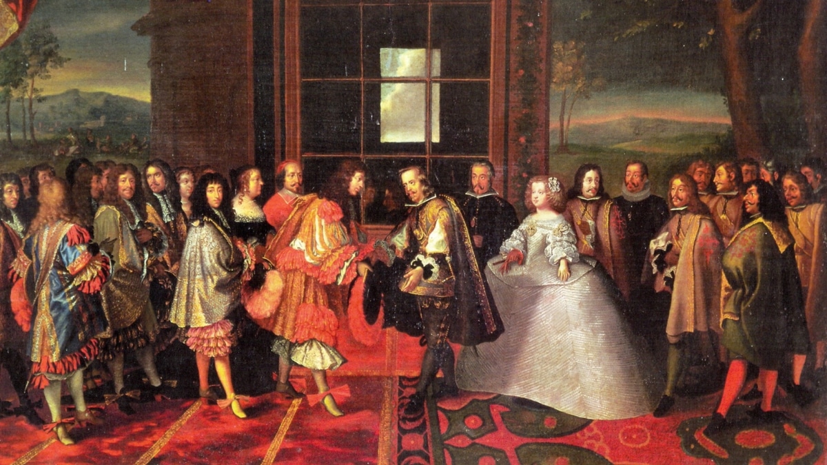 La entrevista de Luis XIV y Felipe IV en la isla de los Faisanes, de Jacques Laumosnier (1660).