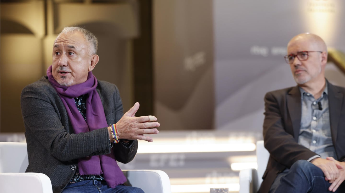 Pepe Álvarez y Unai Sordo, en 'Los Desayunos' de la Agencia EFE y RTVE celebrados en el Instituto Cervantes.