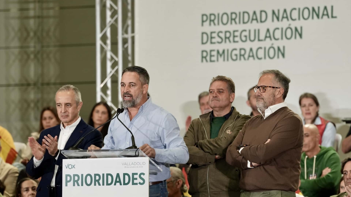 El presidente de Vox, Santiago Abascal, durante un acto preelectoral este miércoles en Valladolid, tras el accidente ferroviario de Urda