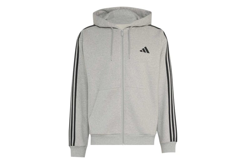 Sudadera con capucha y cremallera adidas Essentials 3-Stripes en gris jaspeado con rayas blancas en las mangas, para hombre