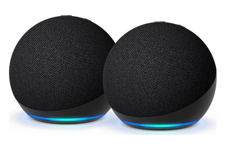 Dos altavoces inteligentes Amazon Echo Dot redondos en color antracita, con Alexa