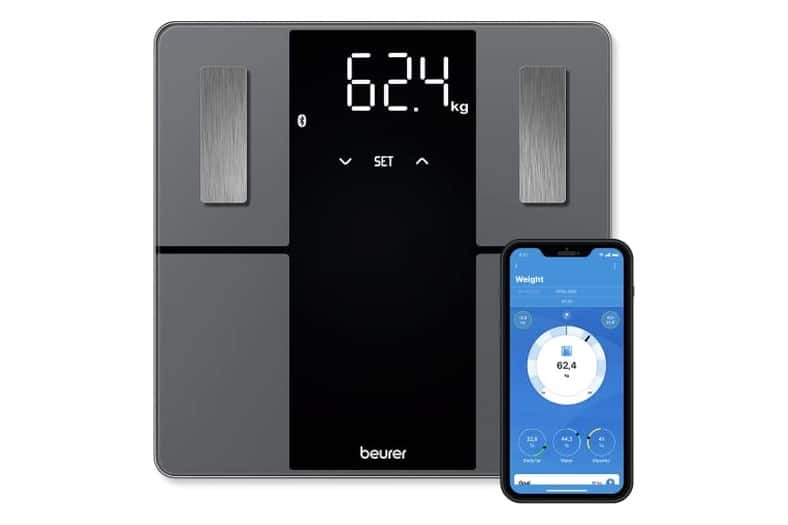 Báscula de baño digital Beurer BF 500 de cristal gris con pantalla LED y conexión al móvil