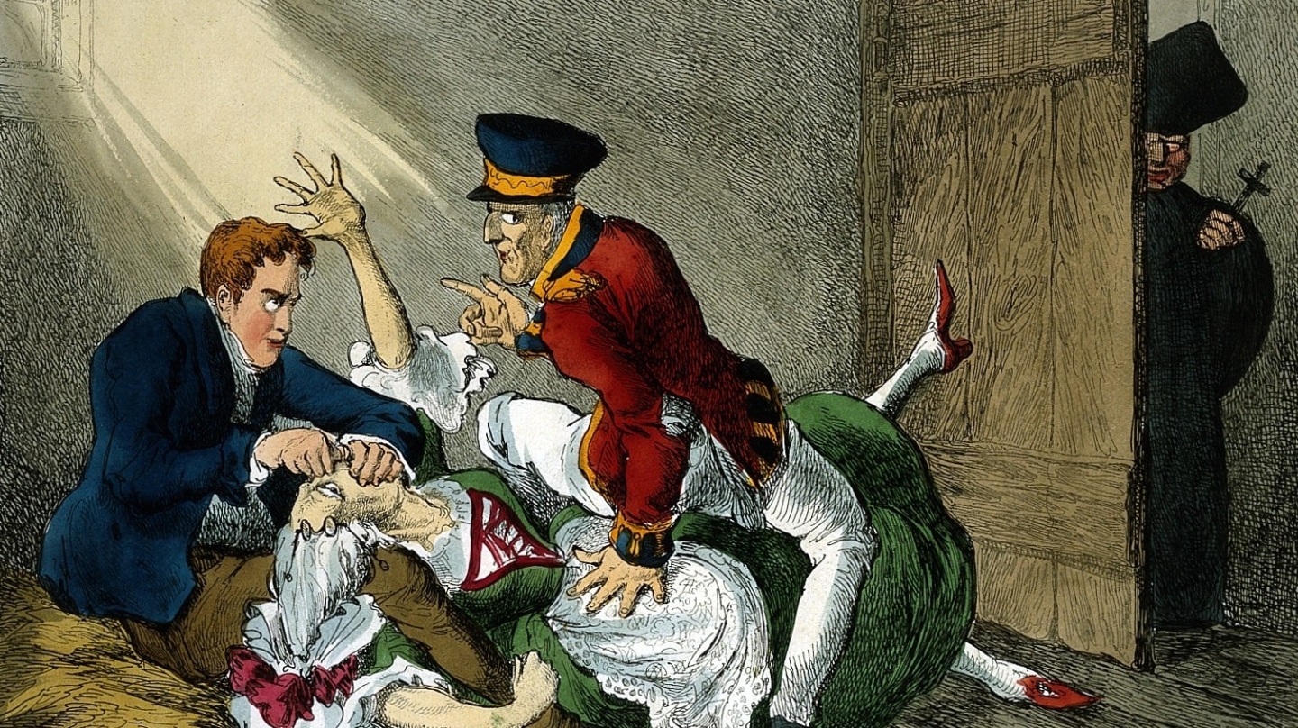 Burke y Hare asfixiando a la Sra. Docherty para venderla al Dr. Knox.