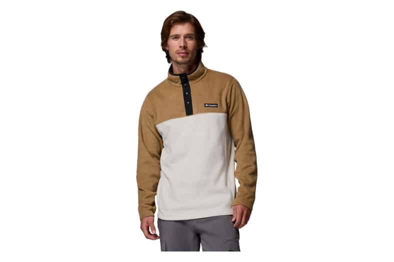 Sudadera de forro polar Columbia Steens Mountain Half Snap II para hombre, en tonos camel y crema, con cierre a presión hasta medio pecho