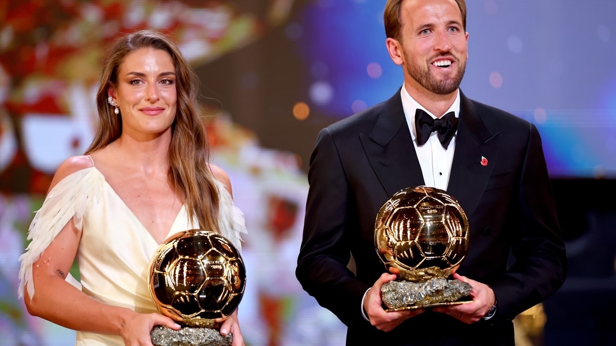 Harry Kane y Alexia Putellas celebrando sus respectivos Balones de Oro