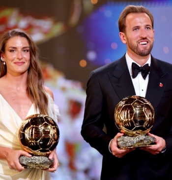 Harry Kane y Alexia Putellas celebrando sus respectivos Balones de Oro