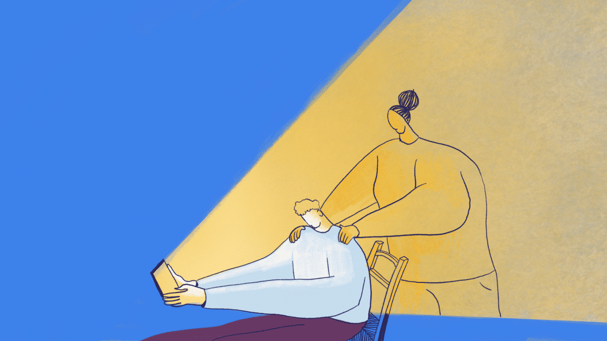 Ilustracion de una persona mirando una tablet de cuya luz surge una figura que le apoya las manos en los hombros. Fundacion "la Caixa"