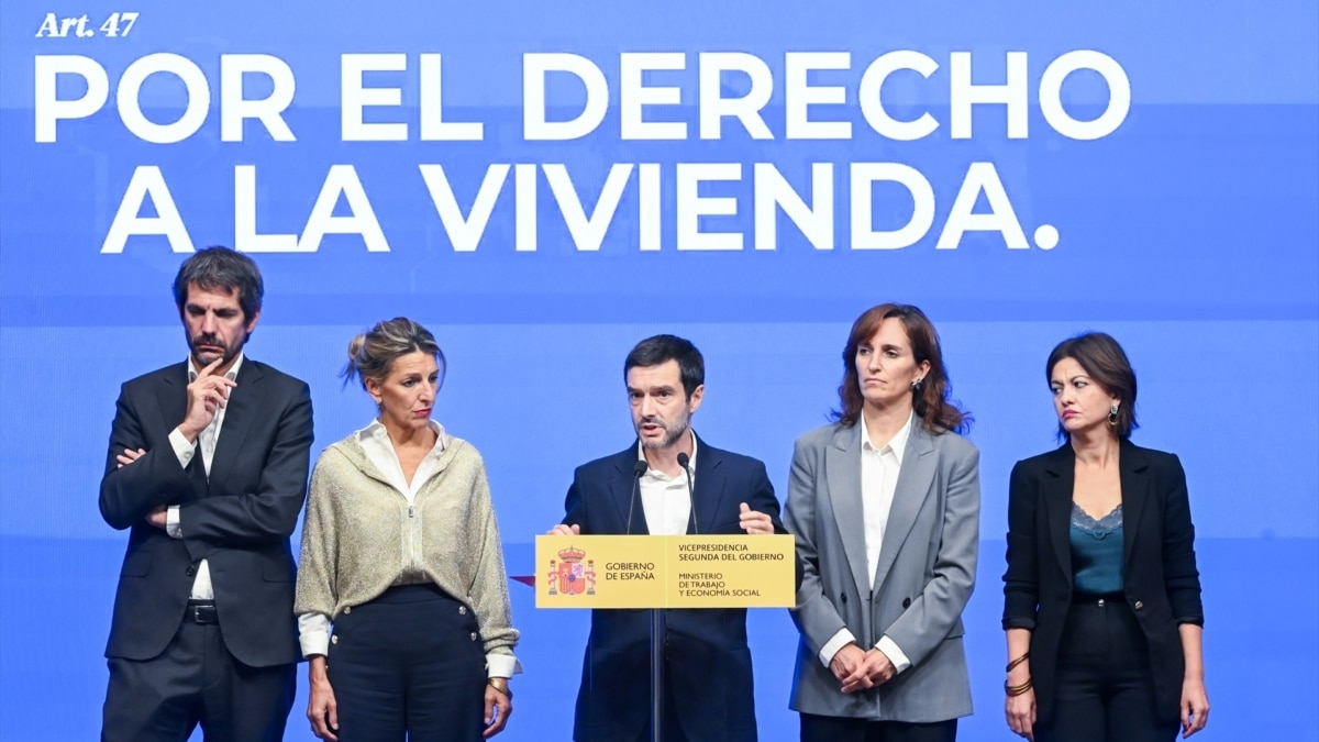 Los ministros de Sumar el pasado martes, durante una rueda de prensa en Vicepresidencia Segunda, tras aprobar el Consejo de Ministros los decretos de vivienda ya rechazados en el Congreso