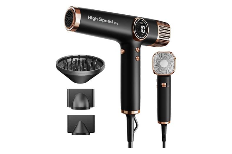 Secador de pelo Faszin de mango recto con pantalla LED y tres boquillas magnéticas intercambiables