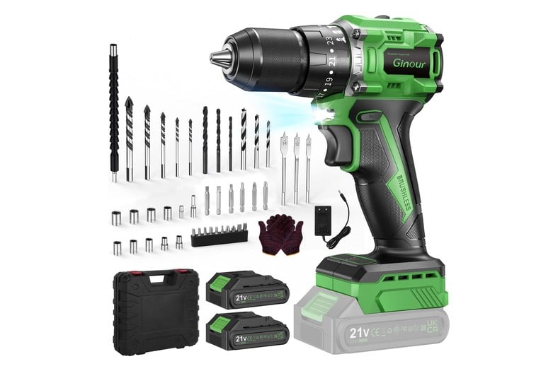 Taladro percutor a batería Ginour de 21 V con dos baterías, cargador y maletín de accesorios