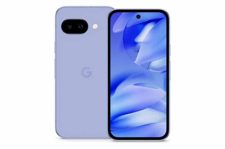 Smartphone Google Pixel 9a de 256 GB en color lila Iris, vista frontal y trasera con doble cámara