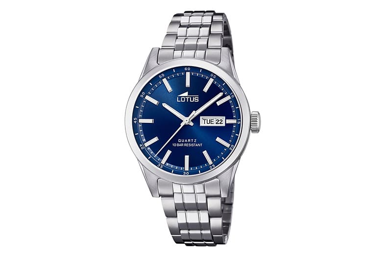 Reloj analógico de hombre Lotus 18670 con pulsera de acero plateado, esfera azul y ventana de fecha