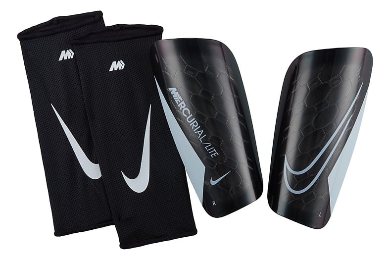 Espinilleras de fútbol Nike Merc Lite para adulto en negro con detalles blancos