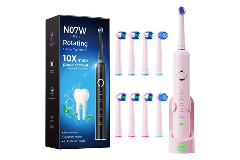 Cepillo de dientes eléctrico Novalun N07W en rosa con cabezal redondo giratorio y cabezales de repuesto