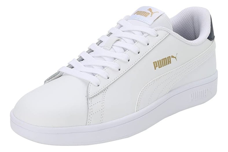 Zapatillas PUMA Smash V2 L blancas de piel con detalles en azul marino y dorado, unisex