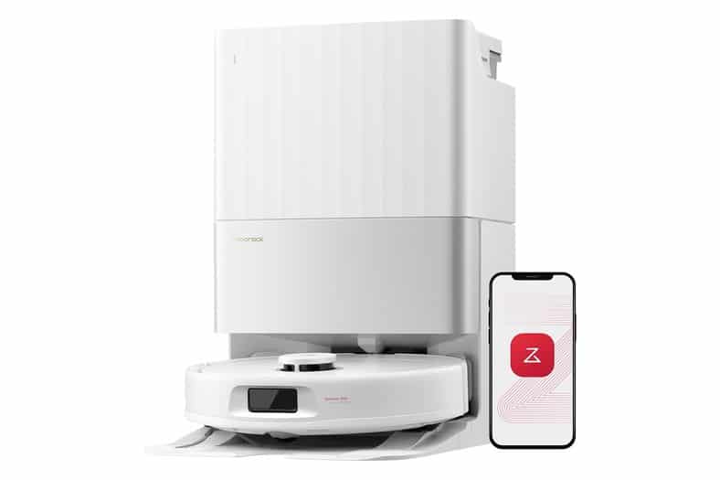 Robot aspirador y friegasuelos roborock Qrevo S5V en blanco con su base de vaciado y lavado de mopas
