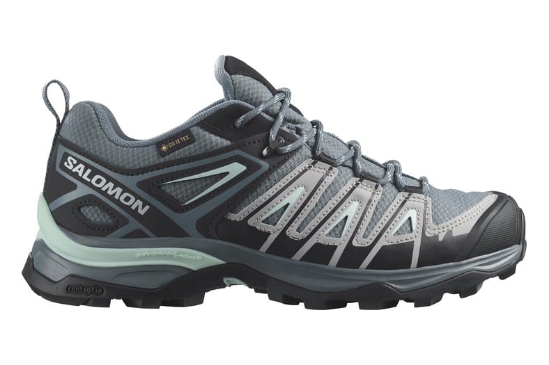 Zapatillas de senderismo Salomon X Ultra Pioneer Gore-Tex en gris azulado con detalles amarillos, para mujer