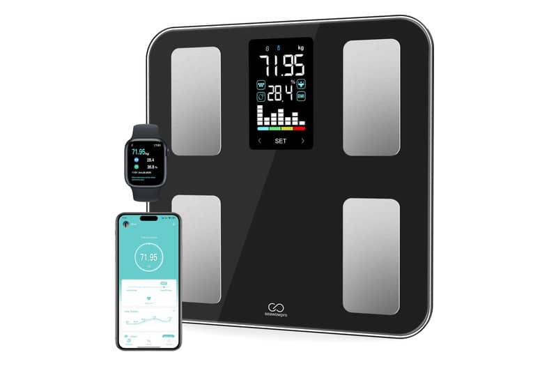 Báscula de baño inteligente SEAWOWPRO de vidrio templado con pantalla a color