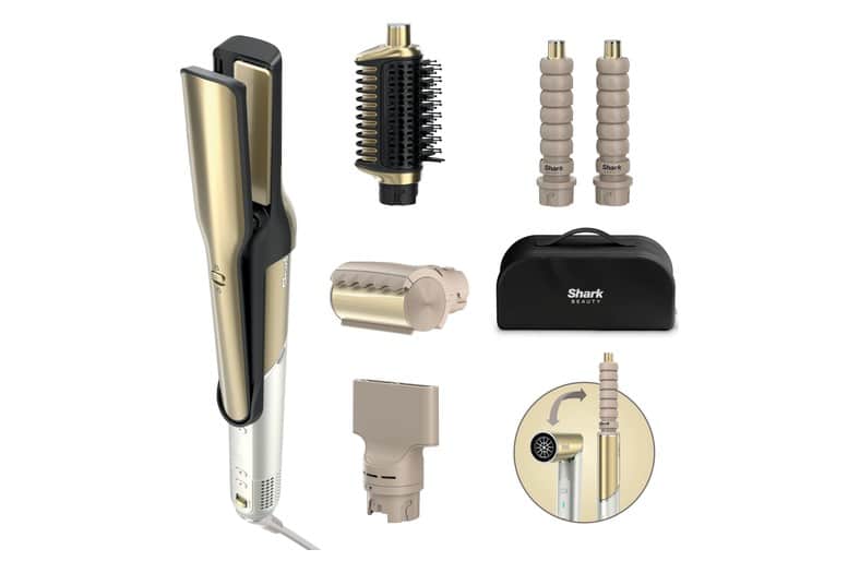 Moldeador de pelo Shark Glam Multi-Styler 5 en 1 en color dorado con rizadores, cepillo y concentrador