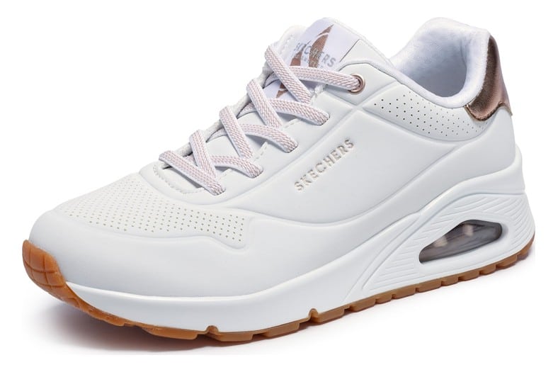 Zapatillas Skechers Uno Shimmer Away blancas con detalles en oro rosa y cámara de aire en el talón, para mujer