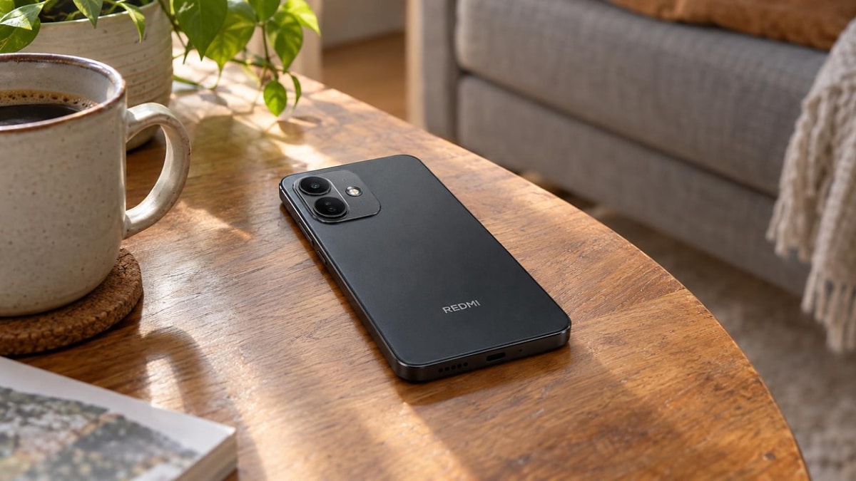 Smartphone negro boca abajo con dos cámaras sobre mesa de madera, junto a una taza de café.