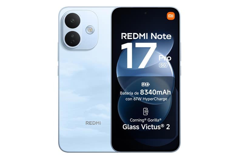 Móvil Xiaomi Redmi Note 17 Pro en color azul celeste, vista frontal y trasera con módulo de cámara doble