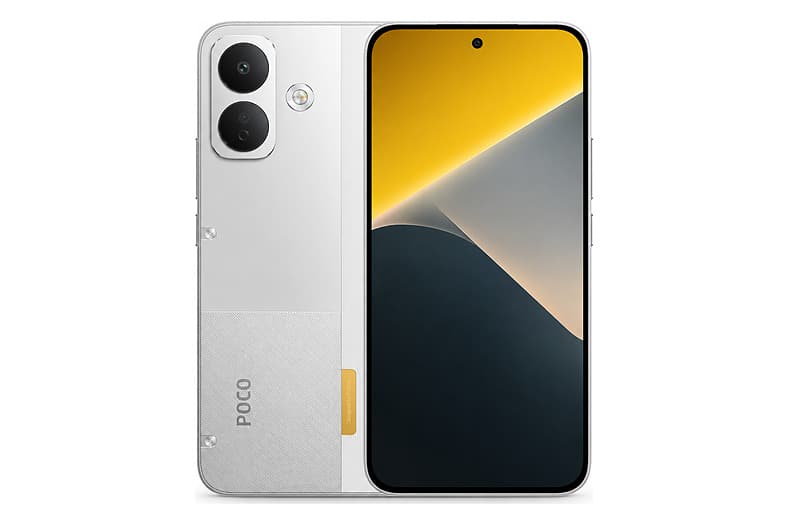 Smartphone Xiaomi POCO X8 en color blanco, vista frontal con pantalla AMOLED y trasera con cámaras