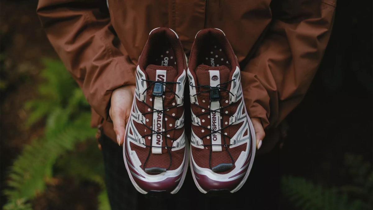 Persona con chaqueta marrón sostiene un par de zapatillas Salomon granates y blancas con lunares, en un bosque de helechos